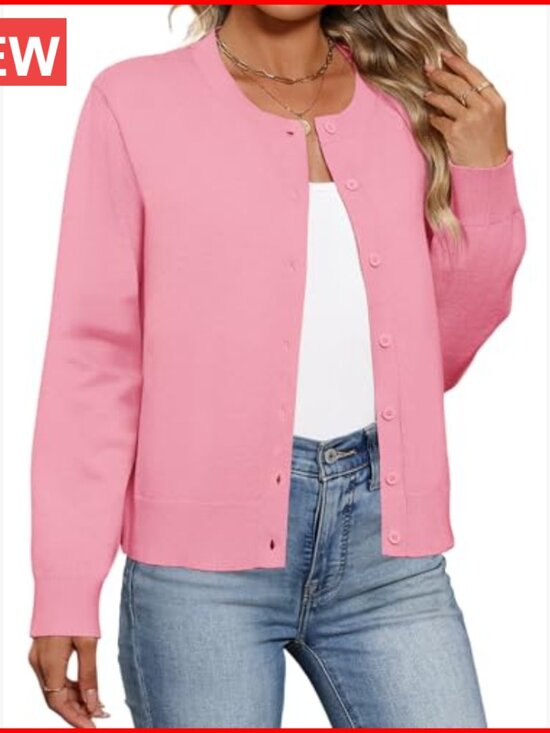 Lightweight Cardigan Sweater with Button Down Closure, Crew Neck - Picture 4 of 7